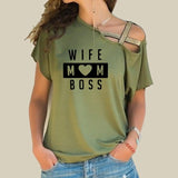 T-shirt  WIFE MOM BOSS Cross-shoulder Short-sleeved