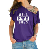 T-shirt  WIFE MOM BOSS Cross-shoulder Short-sleeved