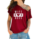 T-shirt  WIFE MOM BOSS Cross-shoulder Short-sleeved