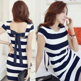 Women Dress Tie Bow Backless Short Sleeve K-pop Korean Dress