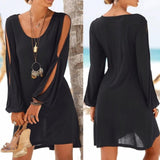 Women Dress O-Neck Hollow Out Sleeve Straight Mini Beach Dress