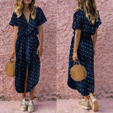 Women Dress Sexy V Neck Bow Tie Short Sleeve Casual Long Dress