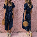 Women Dress Sexy V Neck Bow Tie Short Sleeve Casual Long Dress