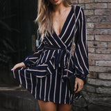 Women Dress V-Neck Lantern Sleeve Casual Mini Party  Dress