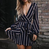 Women Dress V-Neck Lantern Sleeve Casual Mini Party  Dress