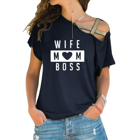 T-shirt  WIFE MOM BOSS Cross-shoulder Short-sleeved